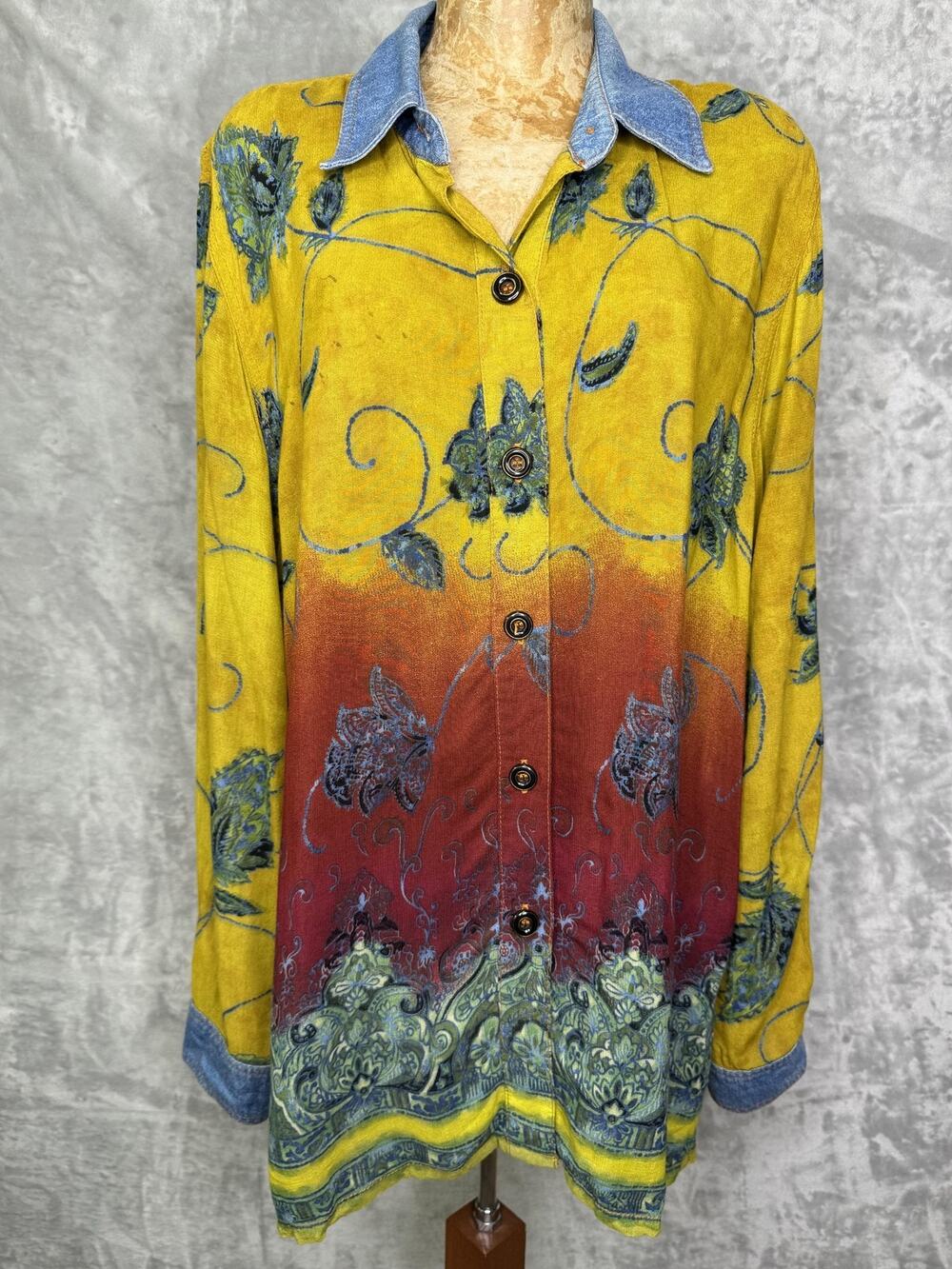 90s Monique Fashions Shirt Womens Large Multicolor Floral Denim Collar Vtg Boho